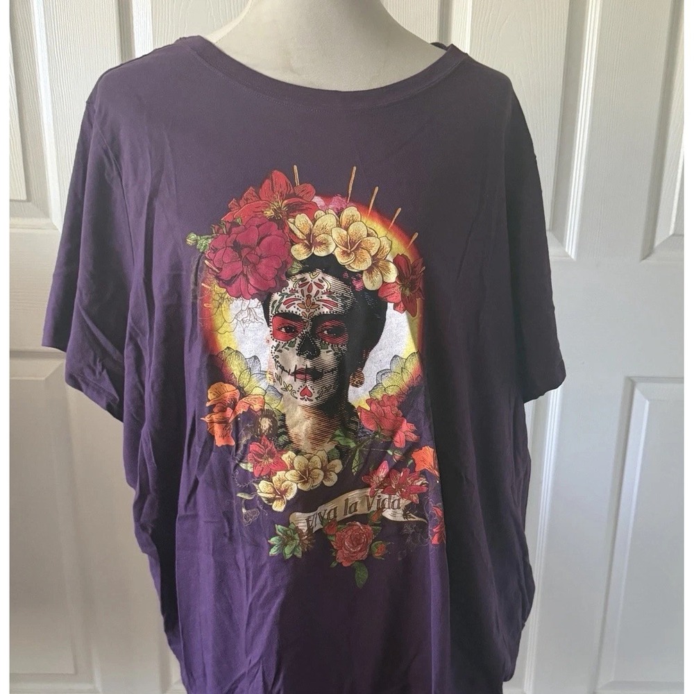 Frida Kahlo Shirt Size 6 Purple Sugar Skull Dia de los Muertos Floral Tee